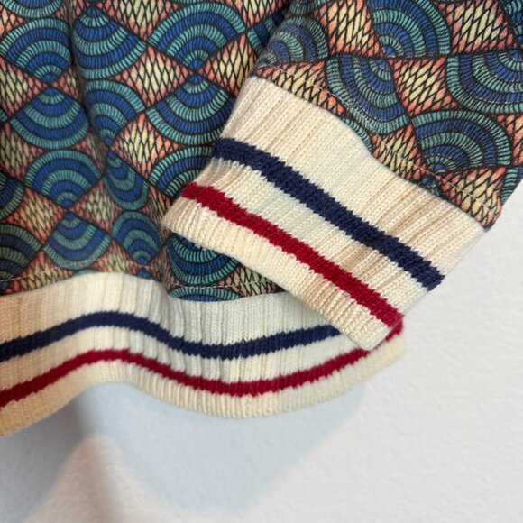 Zara Sweater Blue Red Geometric Print Striped Cuffs Cotton XL - Picture 6 of 10